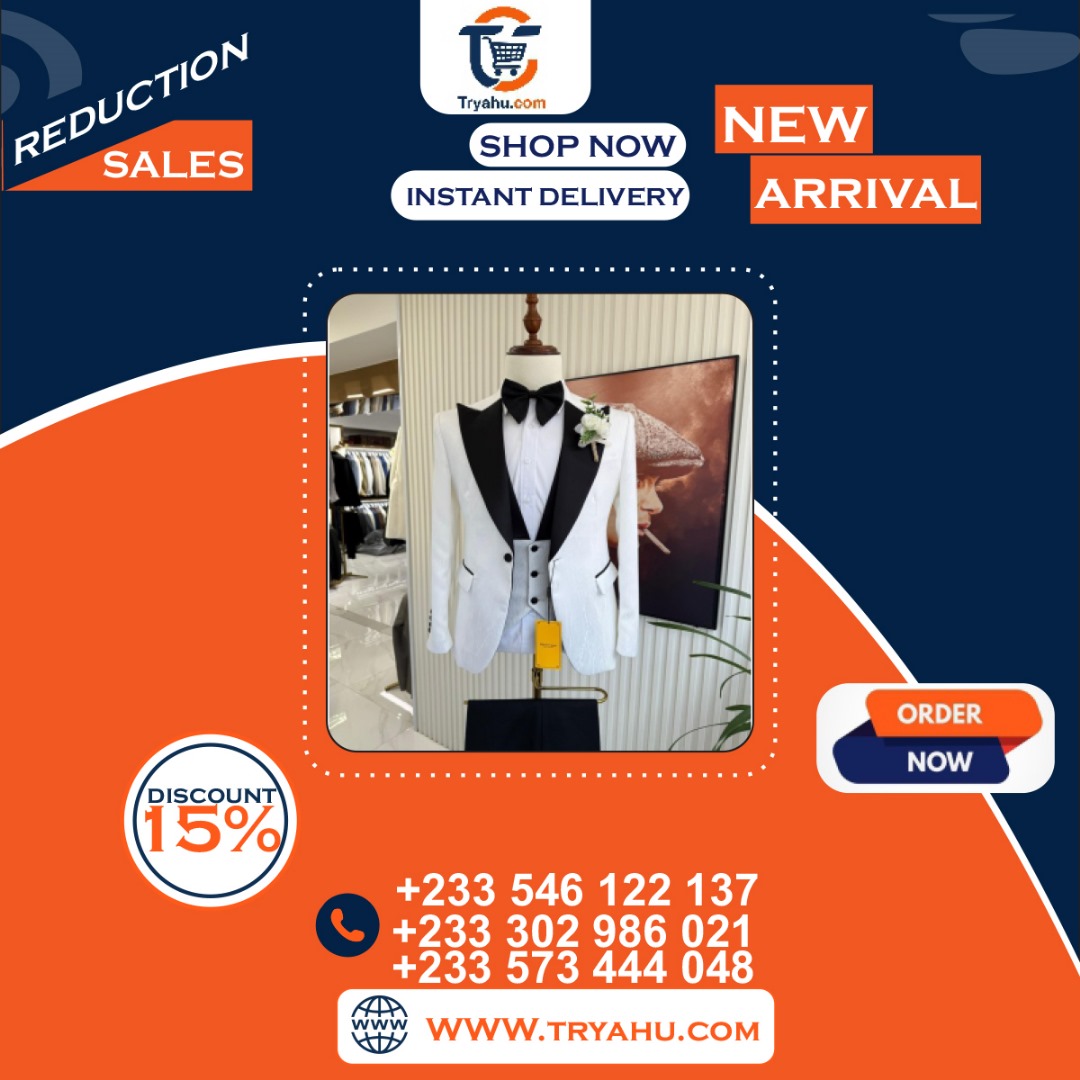 White & Black 3-in-1 Men's Suit Elegant Classic Formal Wear